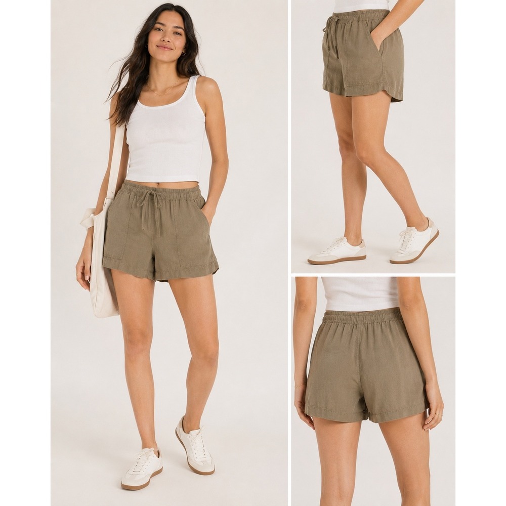 Old Navy Women Khaki Tan Linen Blend High Rise Drawstring Shorts‎ 3.5 Inseam L